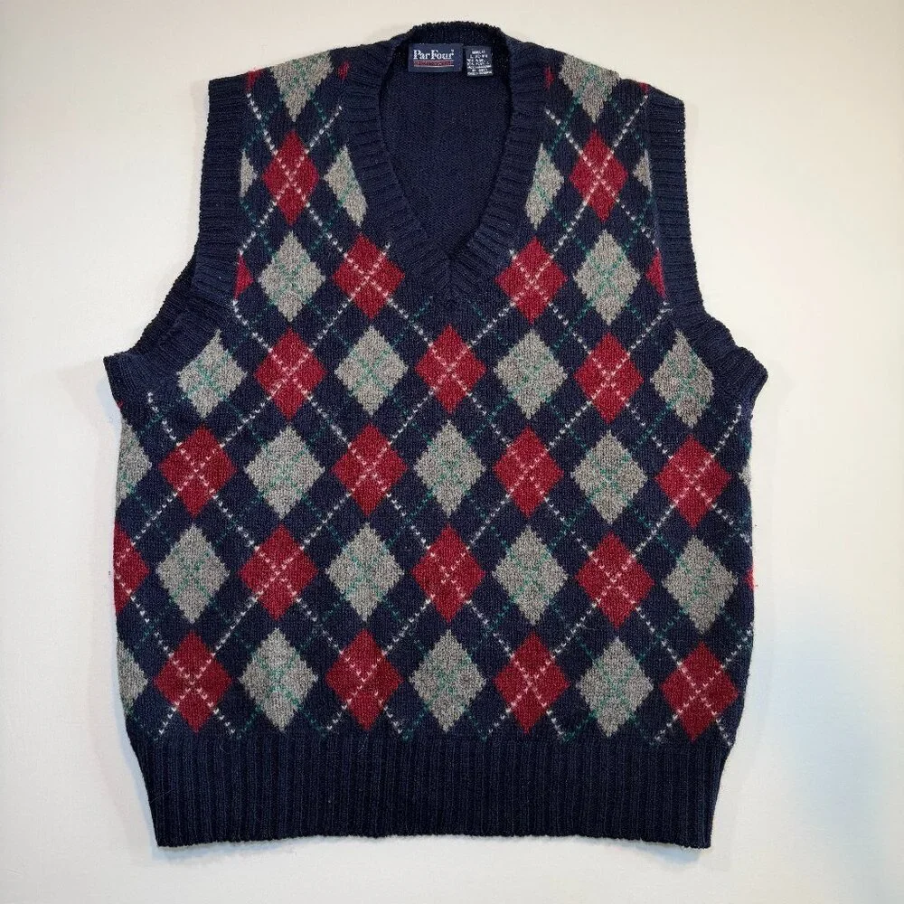 Vintage 80s PARFOUR Navy Blue Argyle Wool Indie Sweater Vest Large